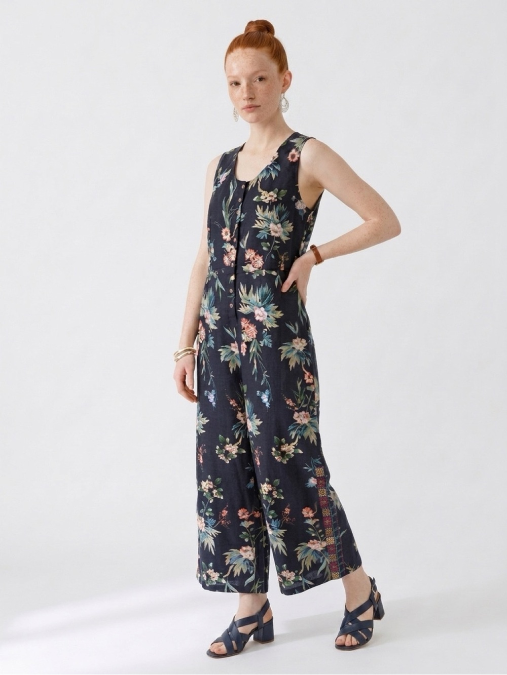 Johnny Was Navy Floral Sleeveless Jumpsuit